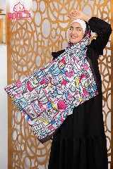  Satin scarf printed in black, fuchsia, and yellow colors