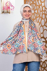  Satin scarf in turquoise and dark red colors with a beige background